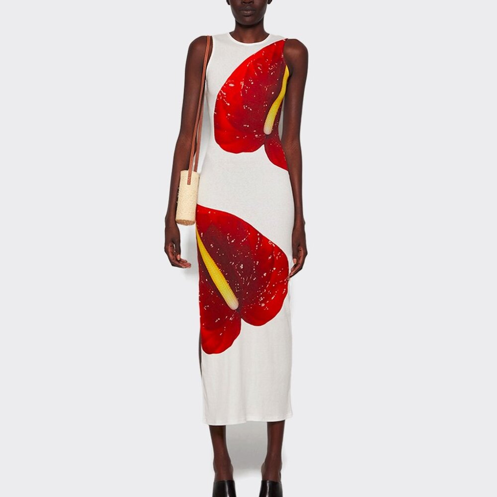 Loewe SS/23 White Anthurium Floral Ribbed-Cotton Maxi Tank Dress